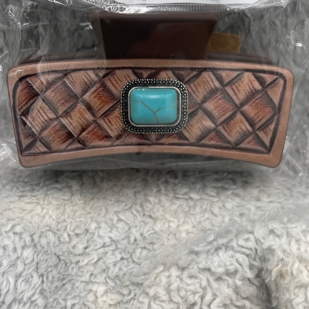 Brown Woven Pattern Hair clip with Turquoise Accent
